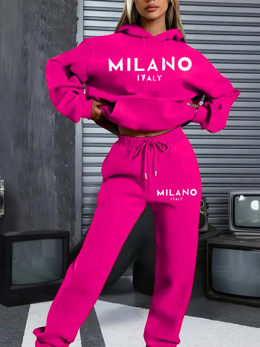 MILANO imprimé sweat à capuche, ensemble rue Hip Hop, vêtements décontracté 2 pièces vêtements en peluche sweat parfait pour l'extérieur.