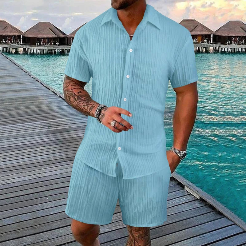 Costume d'été 2 pièces pour homme, chemise à manches courtes et short rayés plissés confortables, ensemble décontracté en polyester avec revers