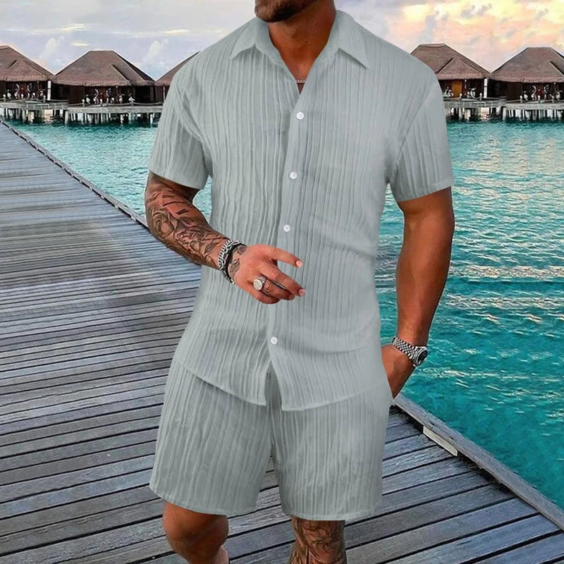Costume d'été 2 pièces pour homme, chemise à manches courtes et short rayés plissés confortables, ensemble décontracté en polyester avec revers