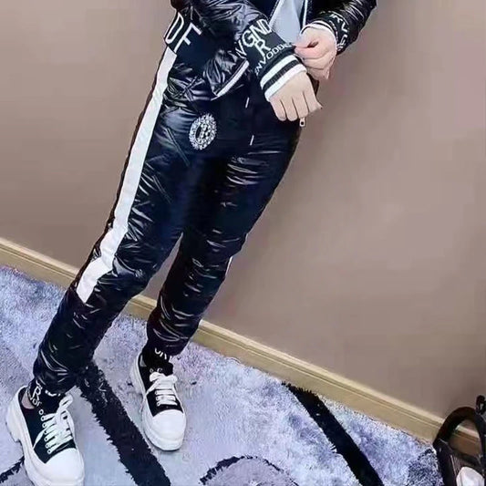 Pantalon brillants pour femmes décontracté rembourré en coton épais et chaud à la mode