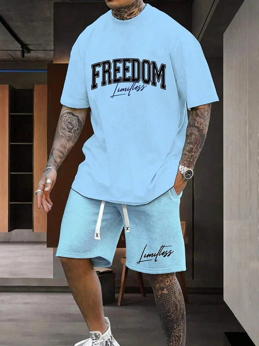Ensemble deux pièces pour homme, décontracté, respirant, à manches courtes, style urbain, ample, t-shirt et short, idéal pour les vacances en plein air et le sport, idéal pour l'été
