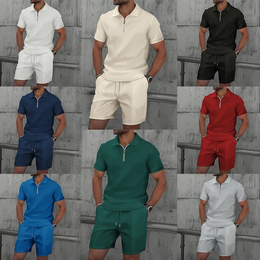 Ensemble deux pièces pour homme, nouvelle collection été 2025, couleur unie, fermeture éclair, revers, short, Europe et États-Unis