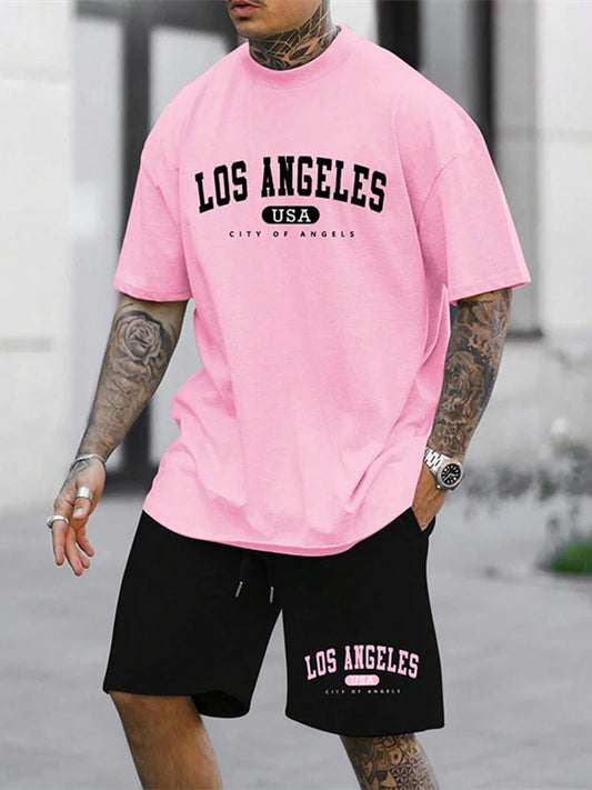 LS Ensemble deux pièces pour homme, décontracté, respirant, à manches courtes, style urbain, ample, t-shirt et short, idéal pour les vacances en plein air et le sport