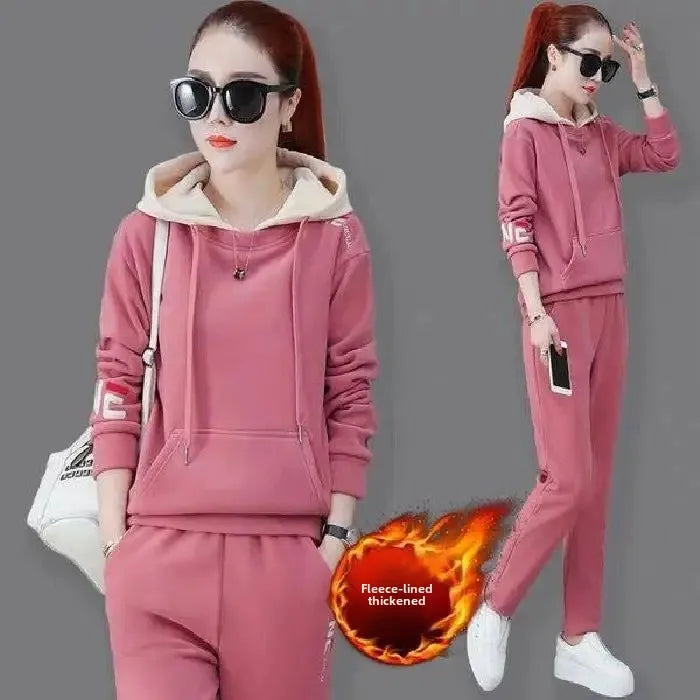 Ensemble de sport deux pièces en polaire épaisse, coupe ample et brodée, pour femme, automne-hiver, nouveau style, pantalon long.