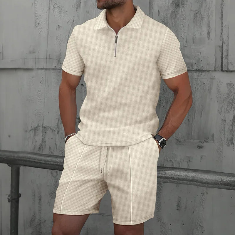 Ensemble deux pièces pour homme, nouvelle collection été 2025, couleur unie, fermeture éclair, revers, short, Europe et États-Unis