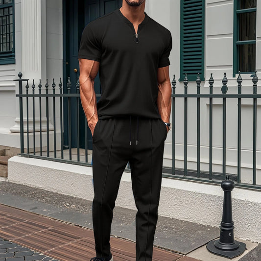 2025 Nouveau polo à col gaufré pour hommes, petite fermeture éclair, couleur unie, t-shirt à manches courtes et pantalon