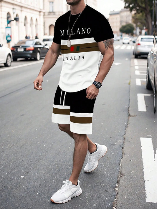 Ensemble 2 pièces pour hommes, T-shirt à manches courtes et Short à rayures avec lettres imprimées, surdimensionné, ample, col rond, avec cordon de serrage, été
