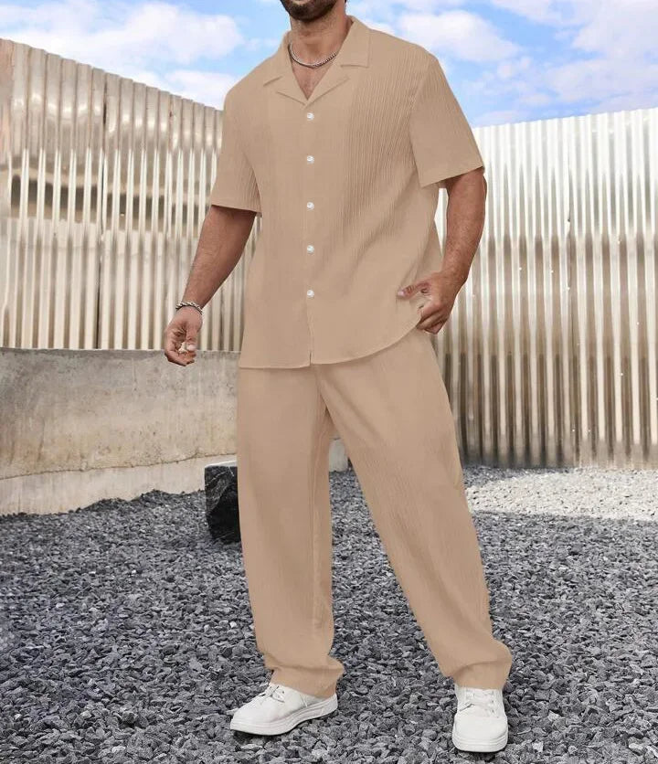 Ensemble deux pièces pour homme, survêtement décontracté, chemise boutonnée à manches courtes et pantalon, à la mode