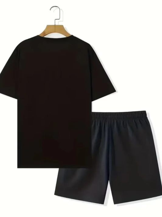 LS noir Ensemble deux pièces pour homme, décontracté, respirant, à manches courtes, style urbain, ample, t-shirt et short, idéal pour les vacances en plein air et le sport, collection été