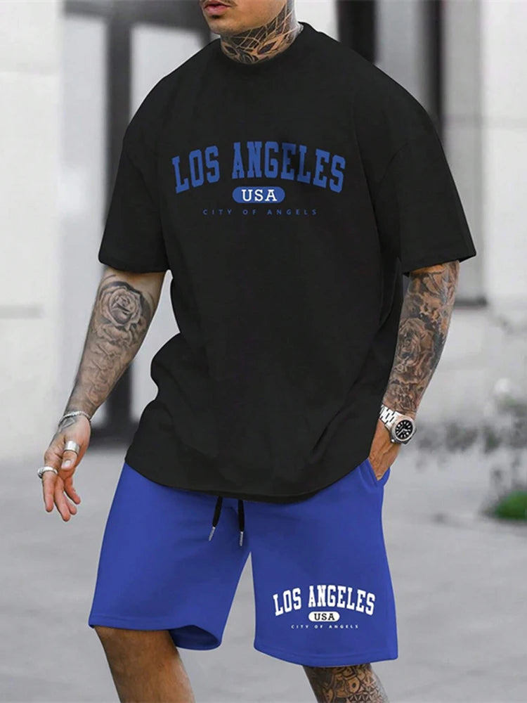 LS Ensemble deux pièces pour homme, décontracté, respirant, à manches courtes, style urbain, ample, t-shirt et short, idéal pour les vacances en plein air et le sport