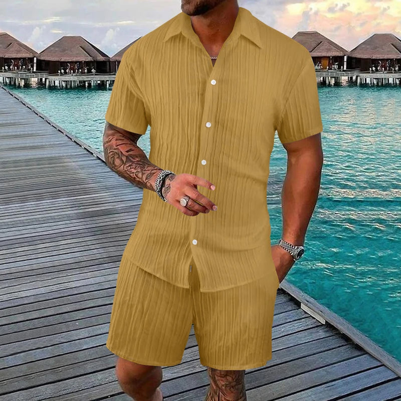 Costume d'été 2 pièces pour homme, chemise à manches courtes et short rayés plissés confortables, ensemble décontracté en polyester avec revers