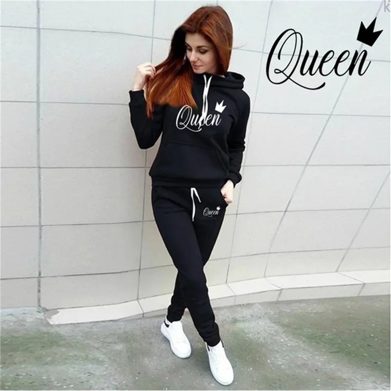 Ensemble de sport 2 pièces imprimé QUEEN pour femmes, vêtements de sport, jogging, vêtements de sport, sweat à capuche + pantalon de survêtement, tendance