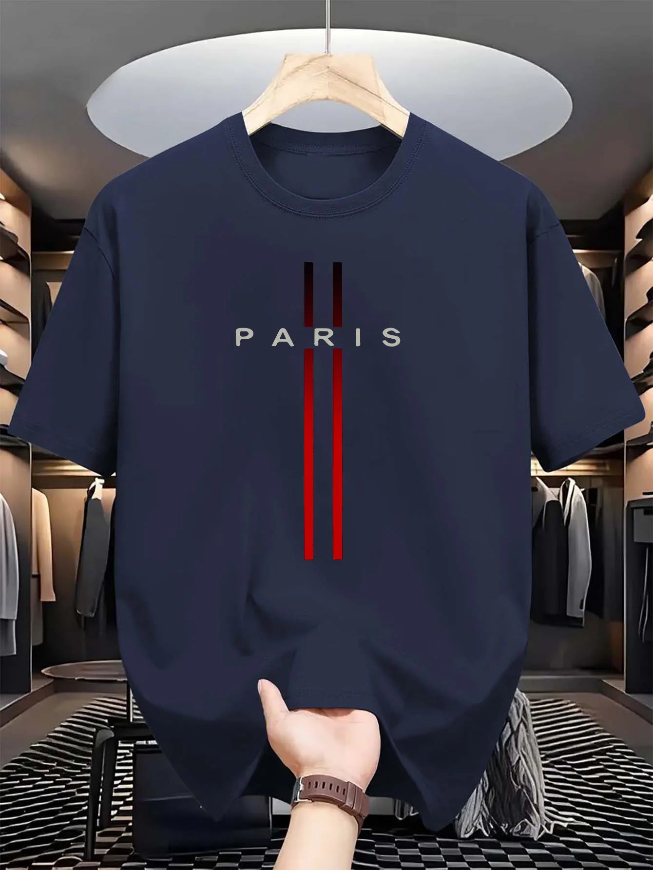 T-shirt d'été décontracté à manches courtes et col rond pour homme, 100 % pur coton, imprimé lettres Paris, confortable
