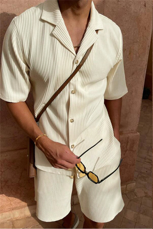 Costume printemps/été chemise à manches courtes en velours côtelé de couleur unie et short extensible costume de plage décontracté