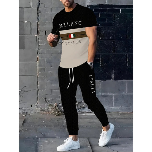 Le nouvel ensemble Milano streetwear décontracté et simple pour hommes, avec lettres imprimées en 3D, doux et confortable, été 2025
