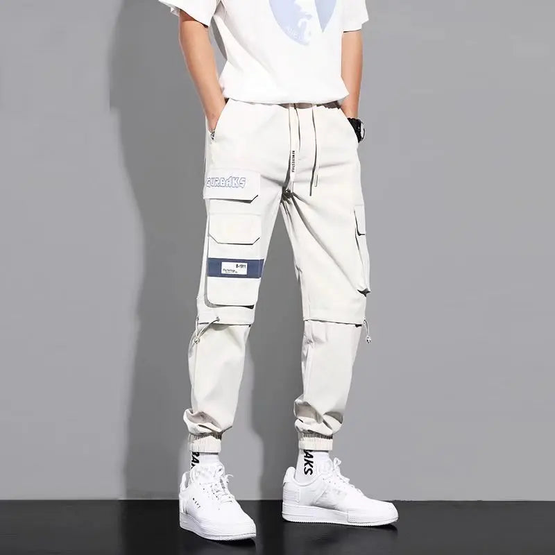Pantalon cargo classique à poches à rabat multiples, pantalon de jogging cargo ample à cordon de serrage pour homme. blanc 1