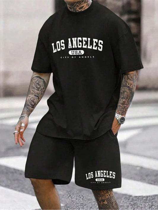 LS noir Ensemble deux pièces pour homme, décontracté, respirant, à manches courtes, style urbain, ample, t-shirt et short, idéal pour les vacances en plein air et le sport, collection été