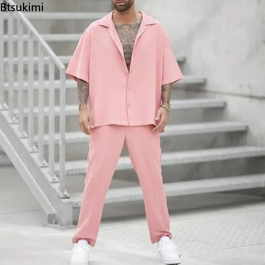 Ensemble 2 pièces 2025 décontracté pour homme, chemise à revers