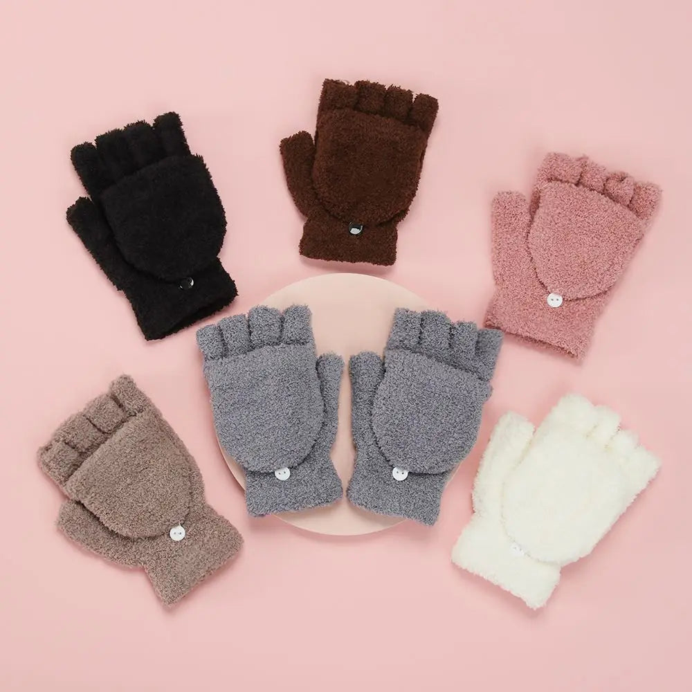 Fashionable dual-use thick coral velvet convertible flip-up mittens gloves
