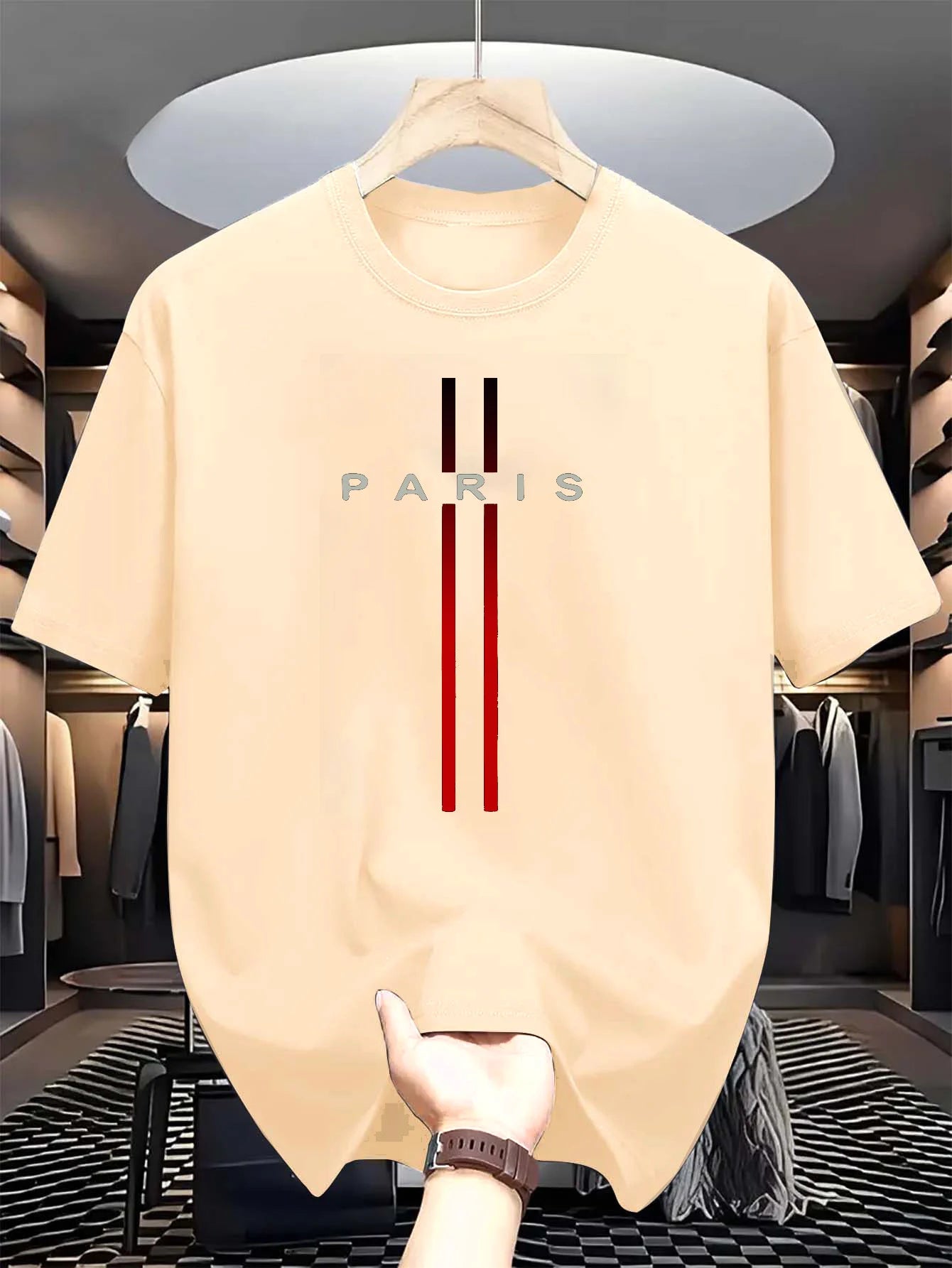 T-shirt d'été décontracté à manches courtes et col rond pour homme, 100 % pur coton, imprimé lettres Paris, confortable