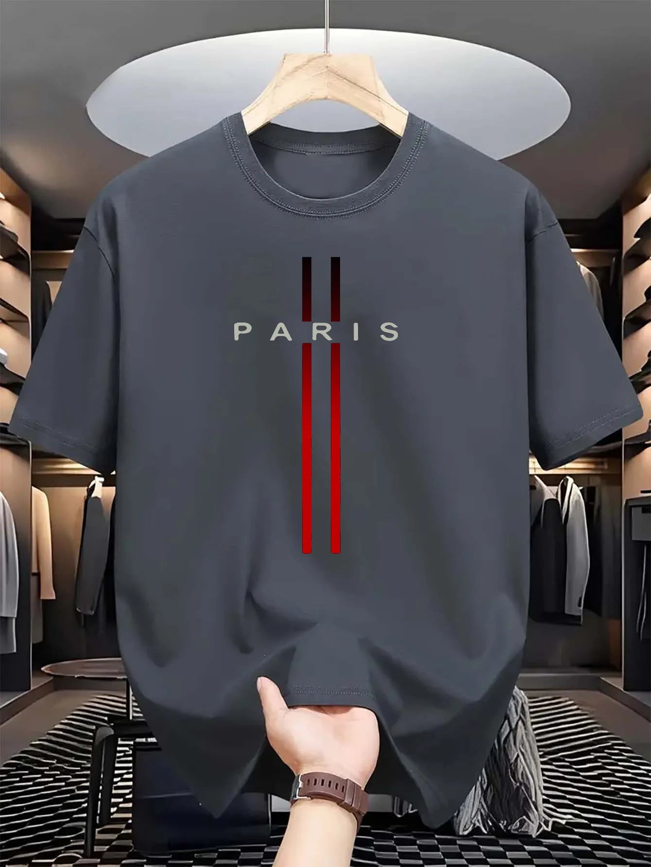 T-shirt d'été décontracté à manches courtes et col rond pour homme, 100 % pur coton, imprimé lettres Paris, confortable