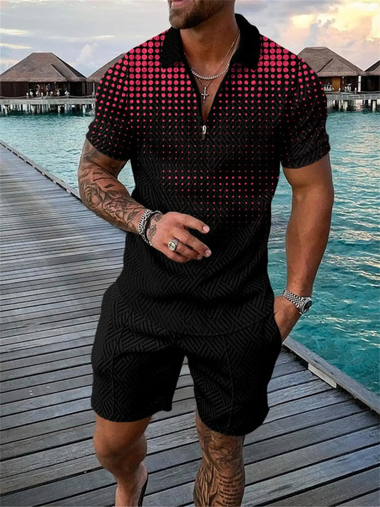 Ensemble 2 pièces à manches courtes et short pour homme, imprimé pois 3D amusant, polo zippé et décontracté, tenue d'été