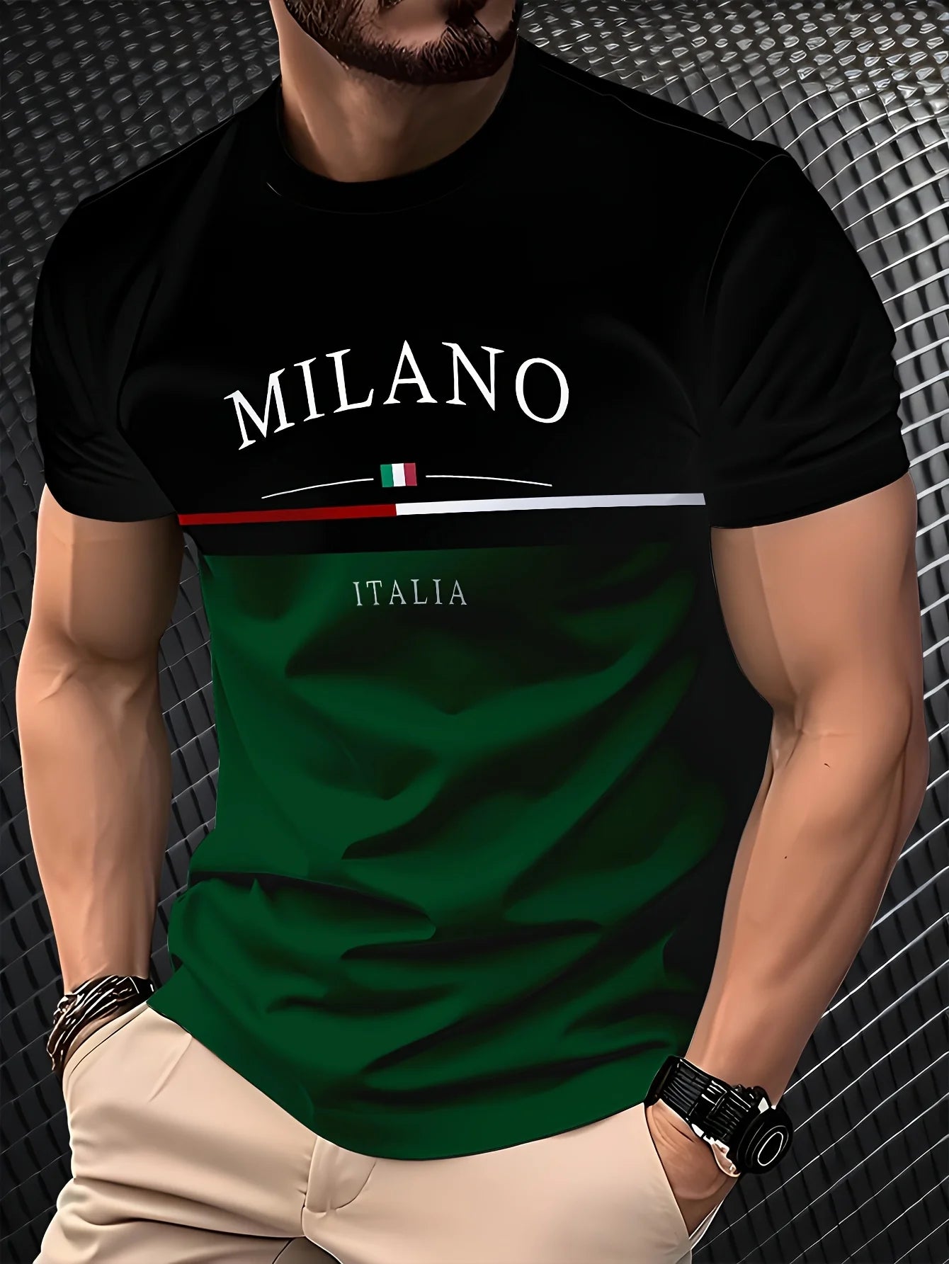 Été 2025 nouveau T-shirt Milano pour hommes imprimé en 3D décontracté, à la mode et rétro T-shirt pour hommes en polyester noir et vert.