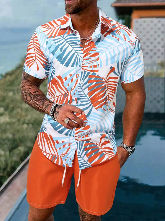 Ensemble 2 pièces chemise et short imprimé feuilles de palmier pour homme, short de plage hawaïen, ensemble à manches courtes à la mode