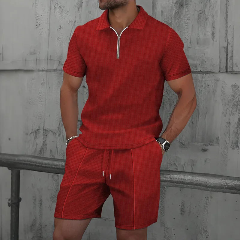 Ensemble deux pièces pour homme, nouvelle collection été 2025, couleur unie, fermeture éclair, revers, short, Europe et États-Unis