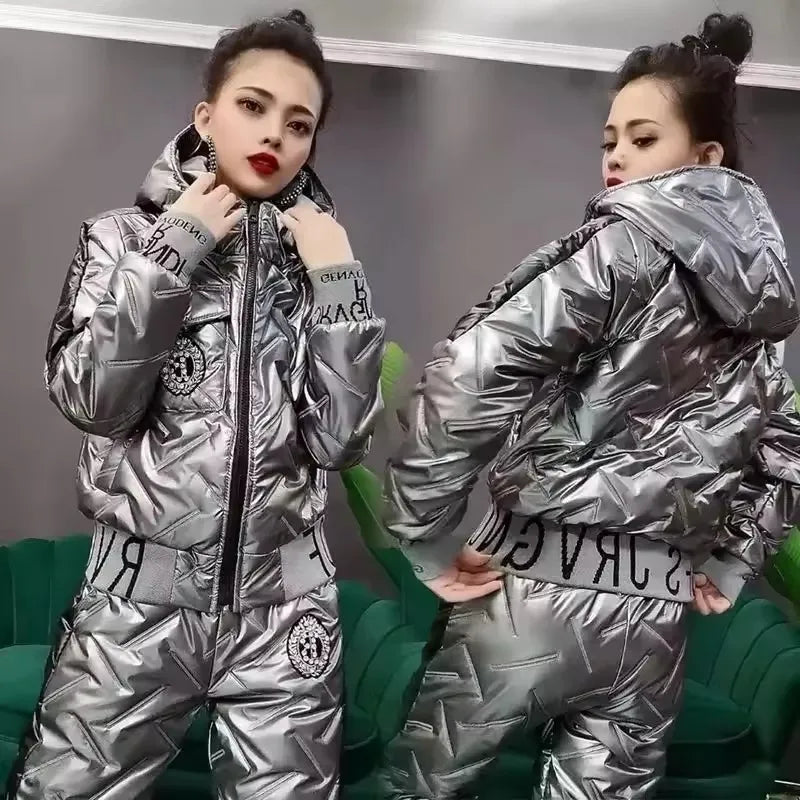 Ensemble brillants pour femmes, ensemble deux pièces surdimensionné, décontracté, à capuche, manteau court rembourré en coton + pantalon épais et chaud, à la mode