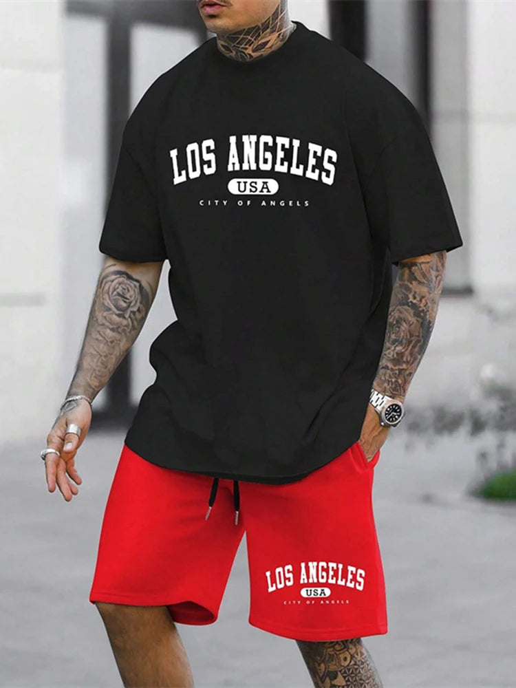 LS Ensemble deux pièces pour homme, décontracté, respirant, à manches courtes, style urbain, ample, t-shirt et short, idéal pour les vacances en plein air et le sport