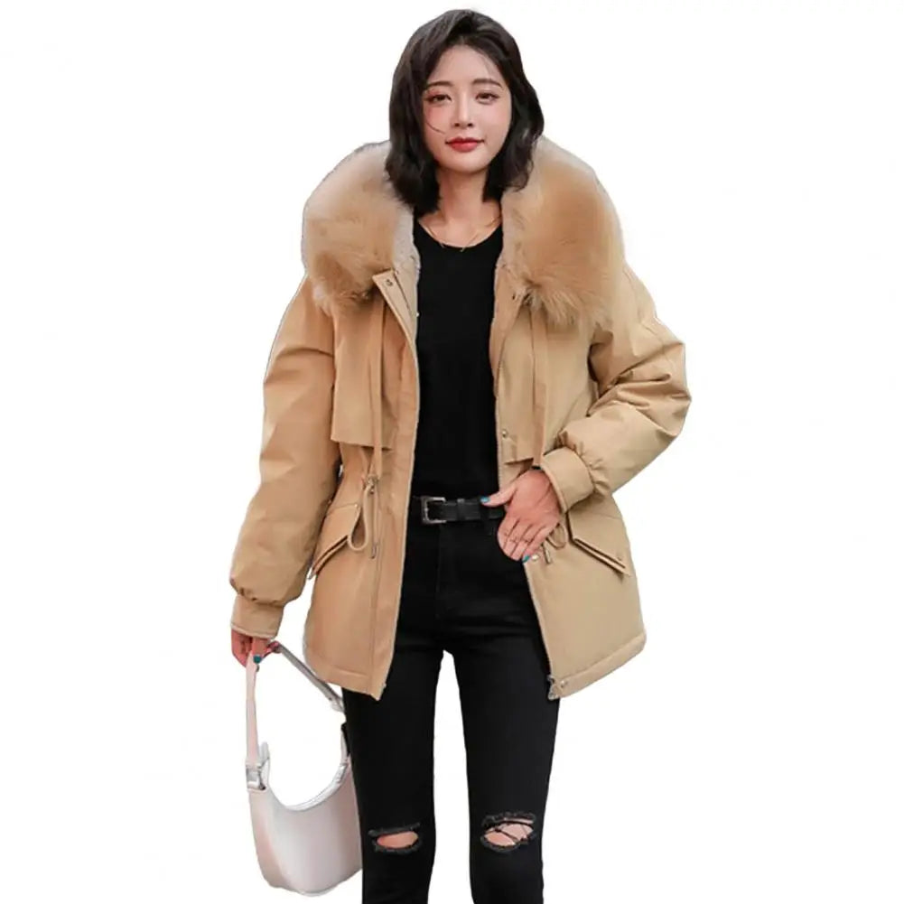 Doudoune chaude d'hiver avec capuche en fausse fourrure, manteau rembourré et doublé en peluche épaisse pour le travail et la ville.