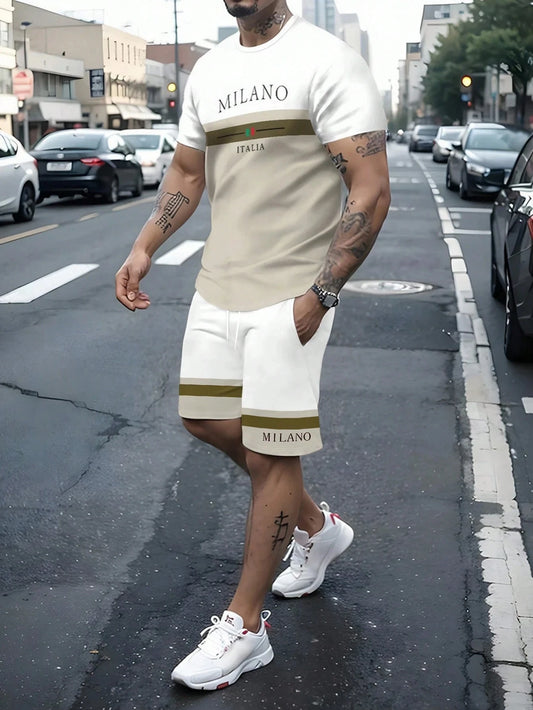 Ensemble 2 pièces pour hommes, T-shirt à manches courtes et Short à rayures avec lettres imprimées, surdimensionné, ample, col rond, avec cordon de serrage, été