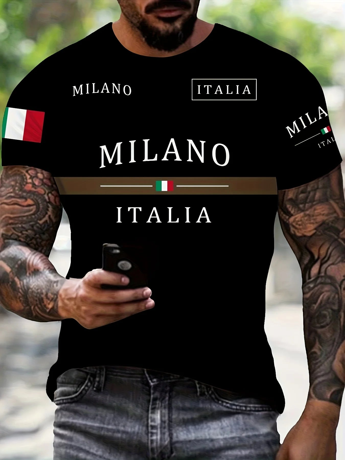T-shirt Milano Italia pour homme col rond extensible confortable noir avec drapeau italien et imprimé "MILANO ITALIA"