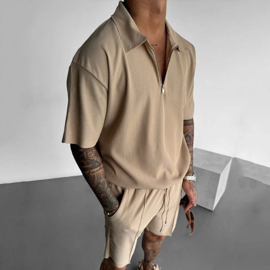 Polo d'été à manches courtes pour homme, avec fermeture éclair,short décontracté, couleur unie, collection 2025