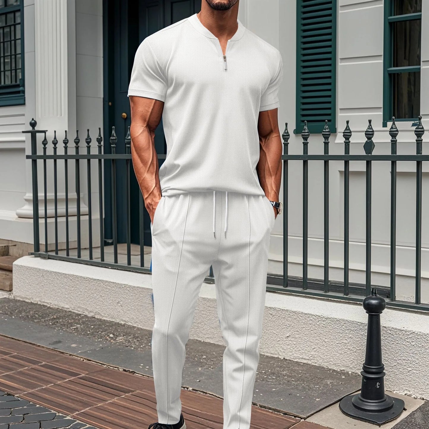 2025 Nouveau polo à col gaufré pour hommes, petite fermeture éclair, couleur unie, t-shirt à manches courtes et pantalon