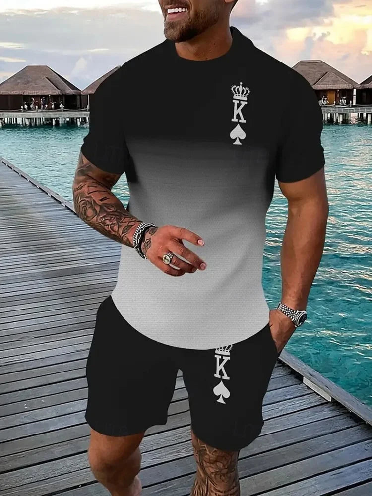 Ensemble deux pièces pour homme à manches courte, décontractée, streetwear d'extérieur, short pour homme, imprimé 3D, t-shirt et short pour homme K