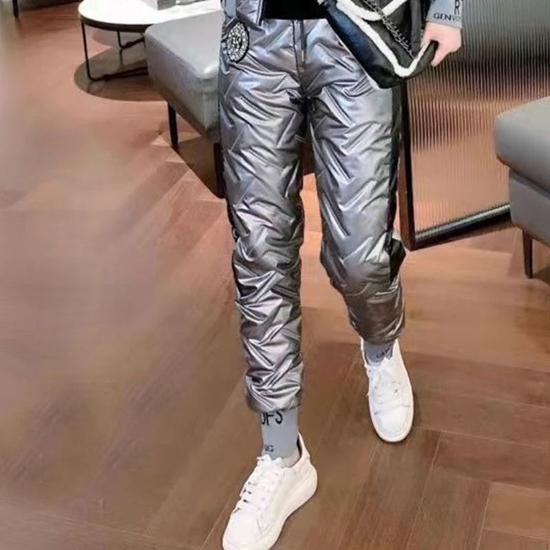 Pantalon brillants pour femmes décontracté rembourré en coton épais et chaud à la mode