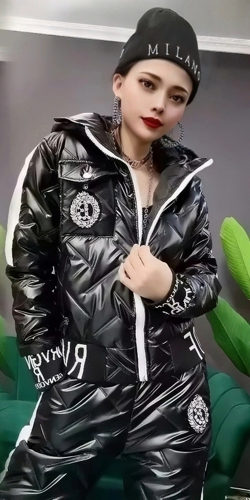 Manteau court rembourré en coton épais et chaud, à la mode brillants pour femmes, surdimensionné, décontracté, à capuche