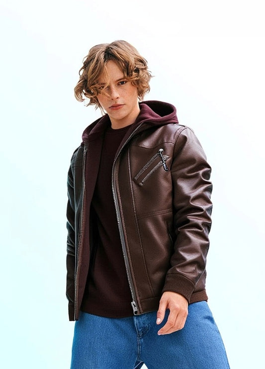Vestes pour hommes, veste en faux cuir, double fermeture éclair, capuche amovible, manteau en cuir de motard