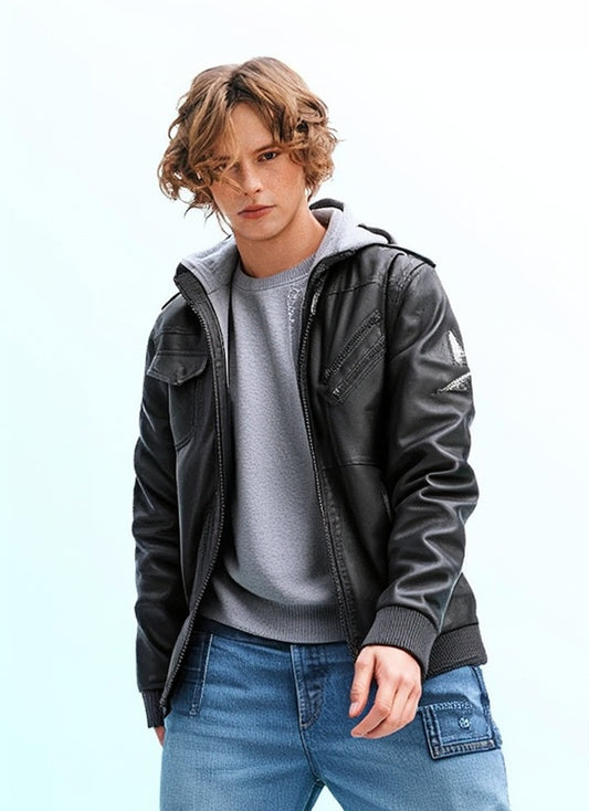 Vestes pour hommes, veste en faux cuir, double fermeture éclair, capuche amovible, manteau en cuir de motard