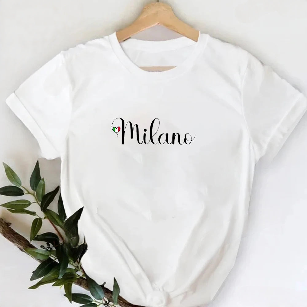 MILANO ITALY T-shirt à col rond imprimé pour femme, t-shirt décontracté à manches courtes, printemps et été