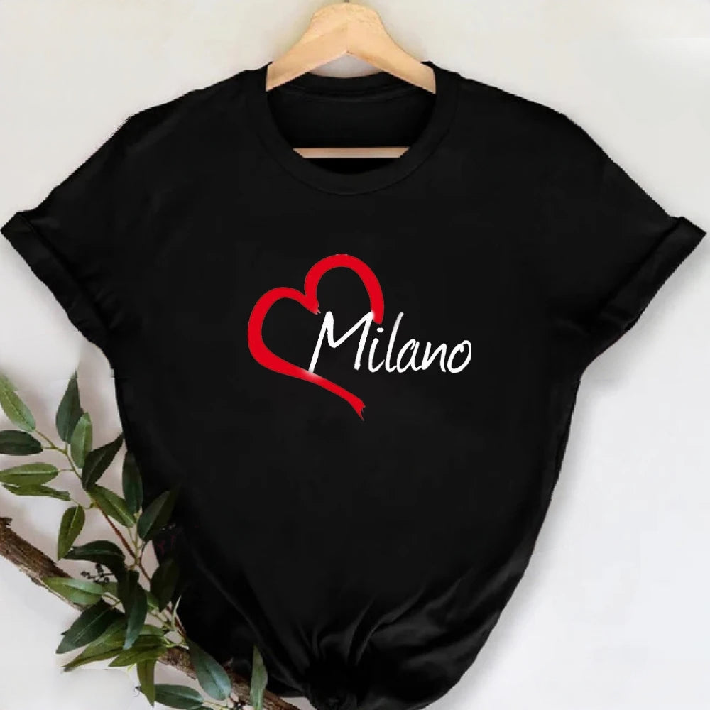 MILANO ITALY T-shirt à col rond imprimé pour femme, t-shirt décontracté à manches courtes, printemps et été