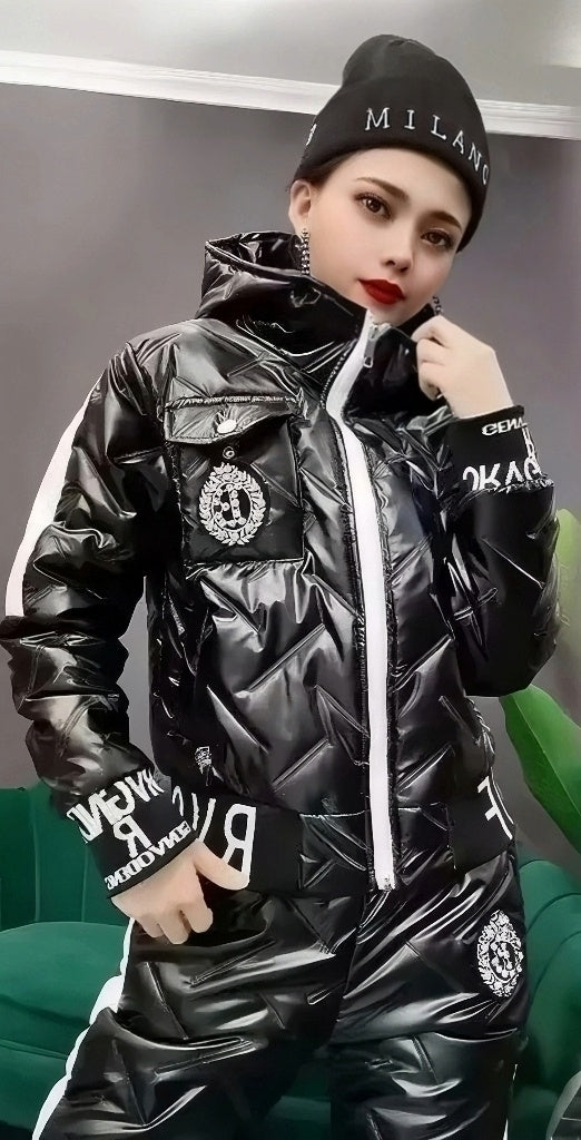 Manteau court rembourré en coton épais et chaud, à la mode brillants pour femmes, surdimensionné, décontracté, à capuche